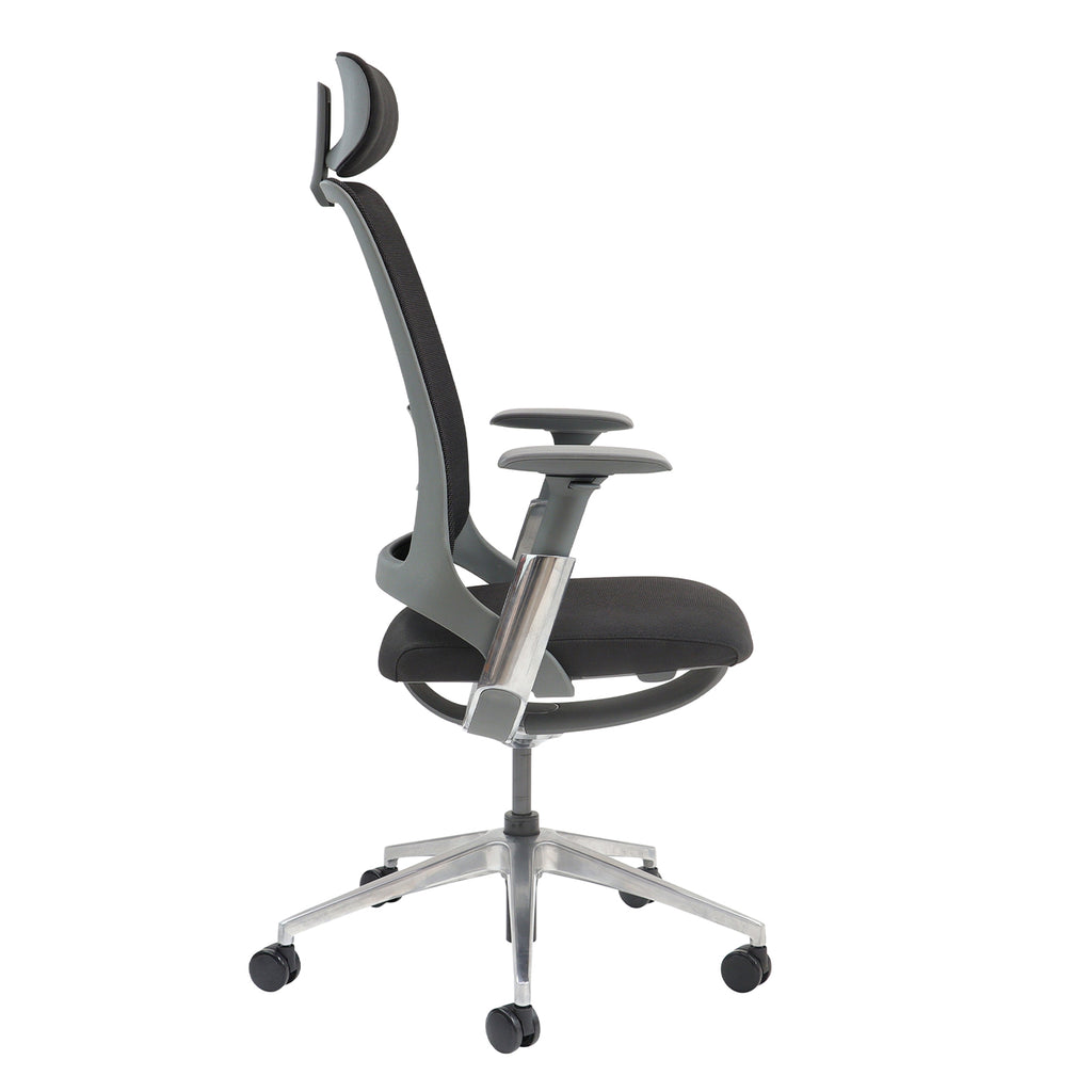 Mesh back black office chair with aluminium base on a white background