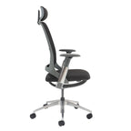 Mesh back black office chair with aluminium base on a white background