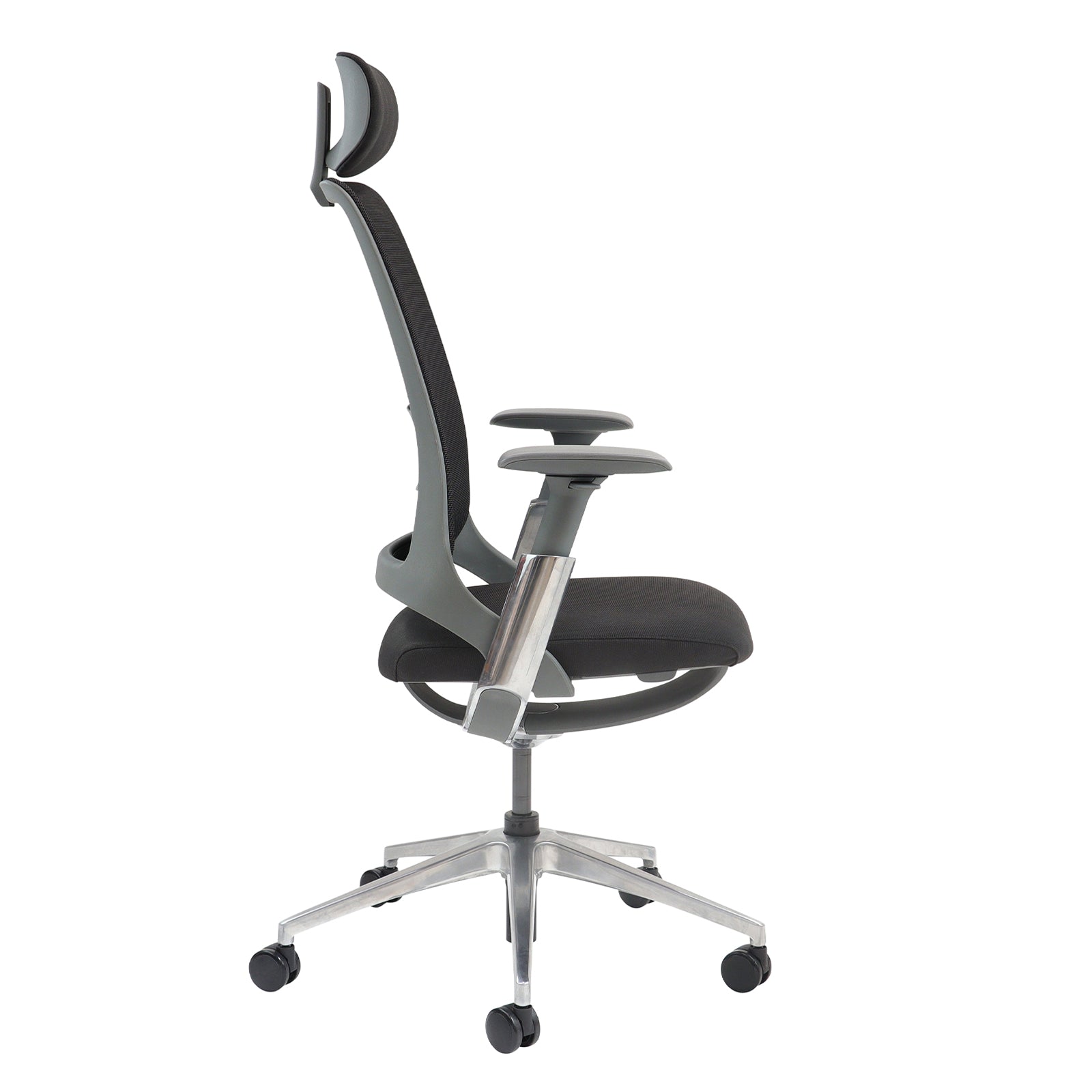Mesh back black office chair with aluminium base on a white background