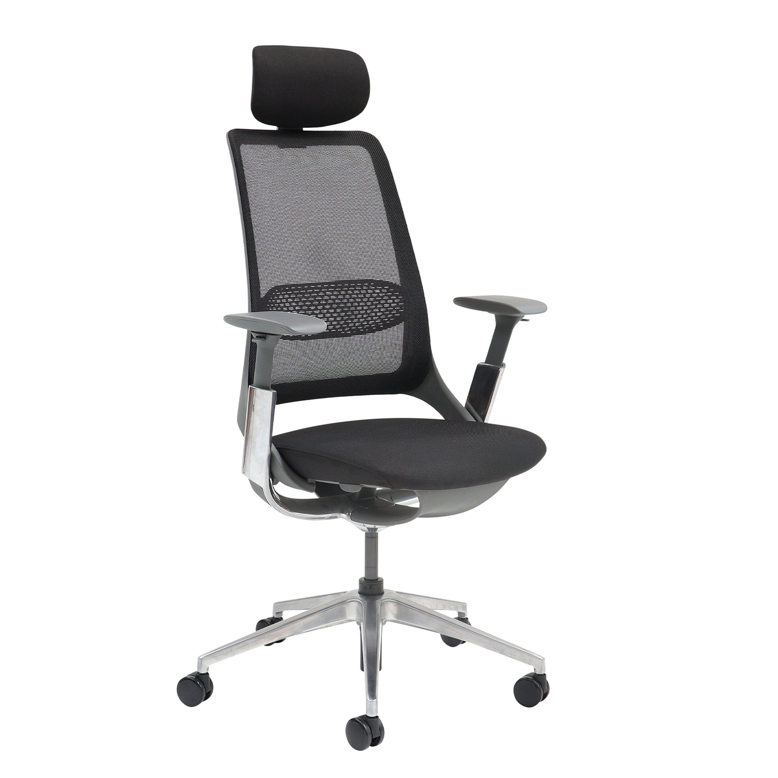 Mesh back black office chair with aluminium base on a white background