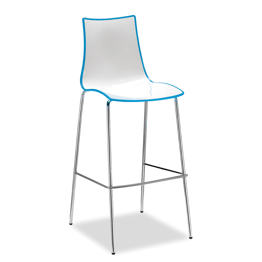 Bar stool with white seat and blue rim on a white background