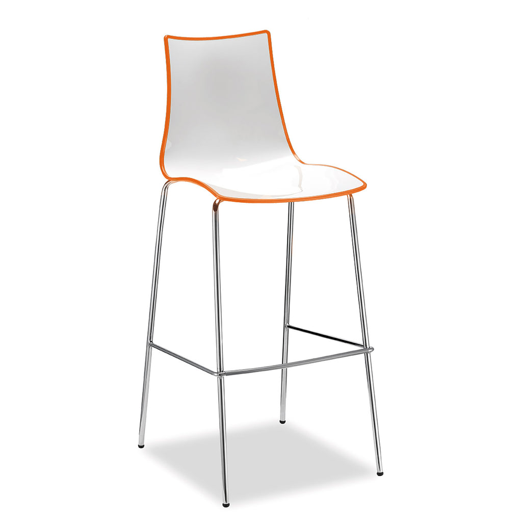 Bar stool with white seat and orange rim on a white background