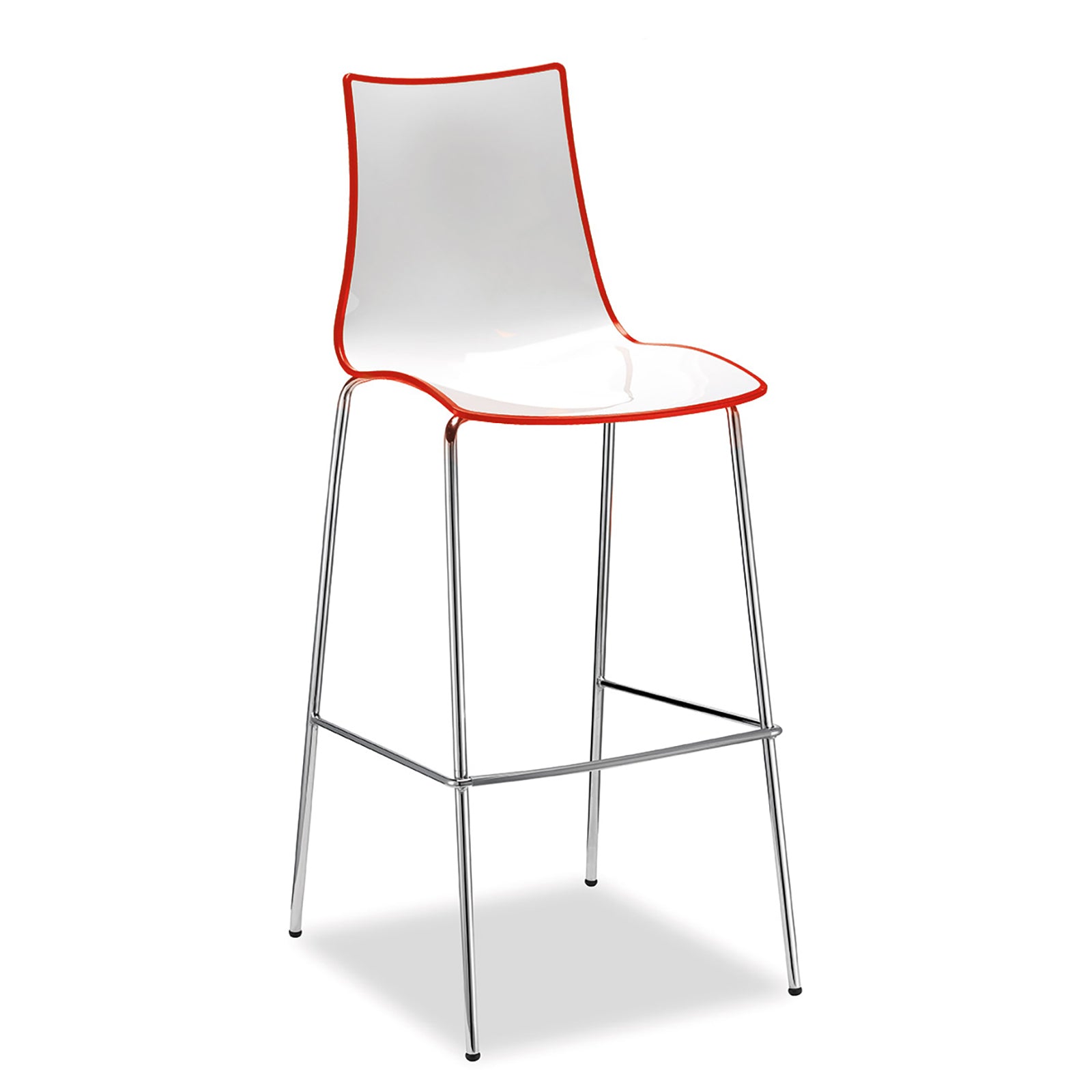Bar stool with white seat and red rim on a white background