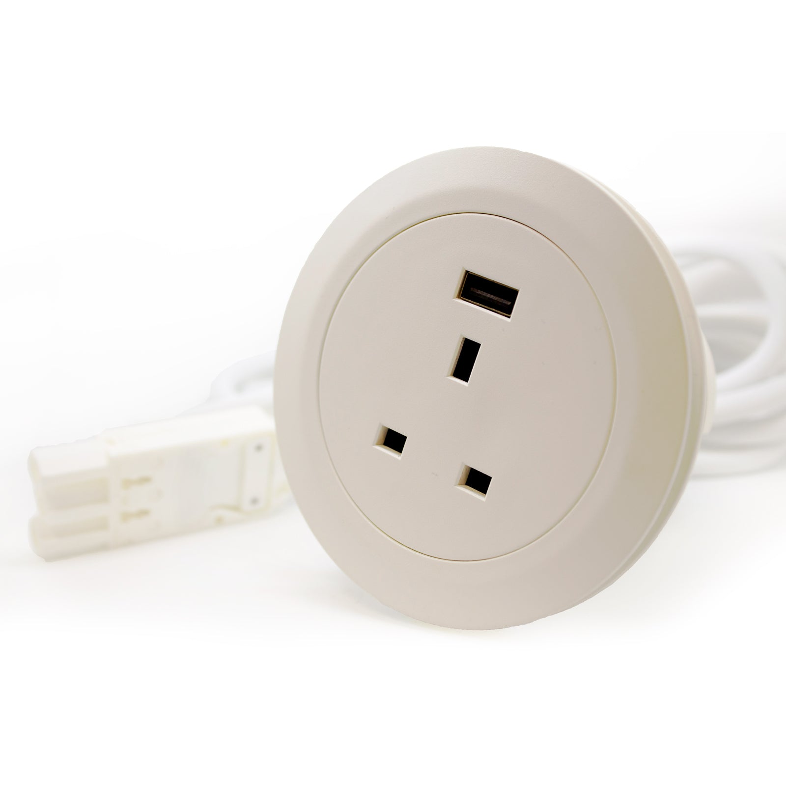 Round beige electrical outlet with one socket and one USB on a white background