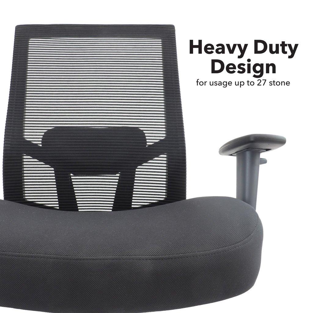 Black office chair with mesh backrest and text indicating heavy duty design.