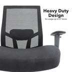 Black office chair with mesh backrest and text indicating heavy duty design.