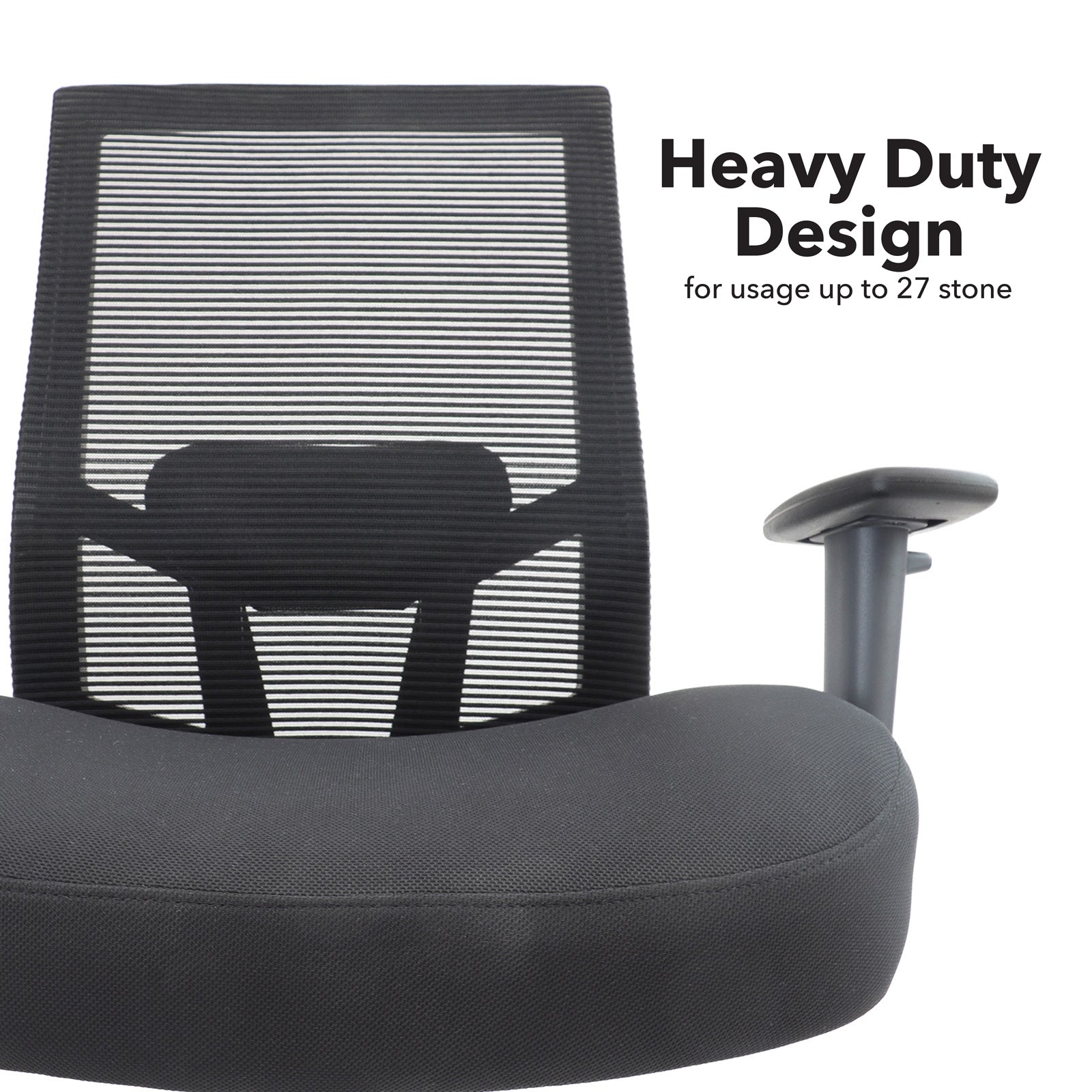 Black office chair with mesh backrest and text indicating heavy duty design.