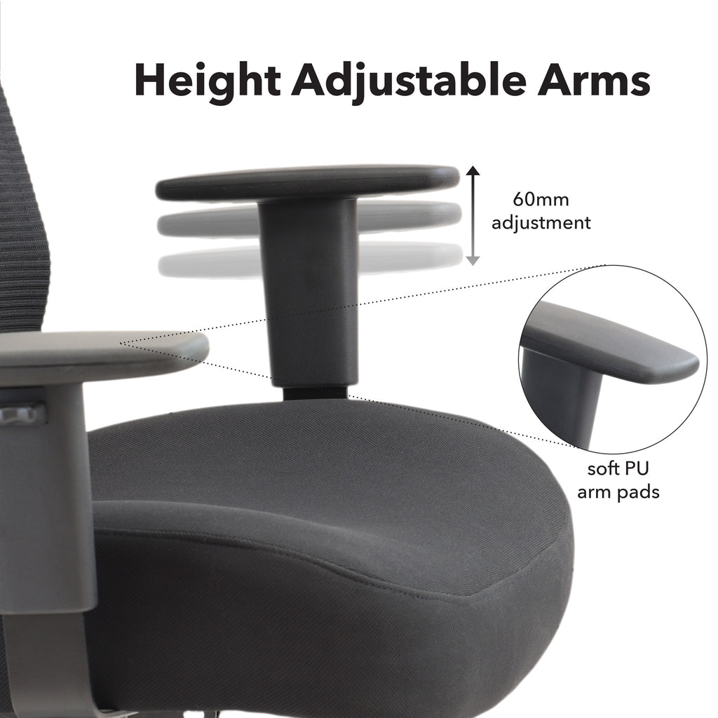 Ergonomic chair with height-adjustable arms and soft PU arm pads on a white background