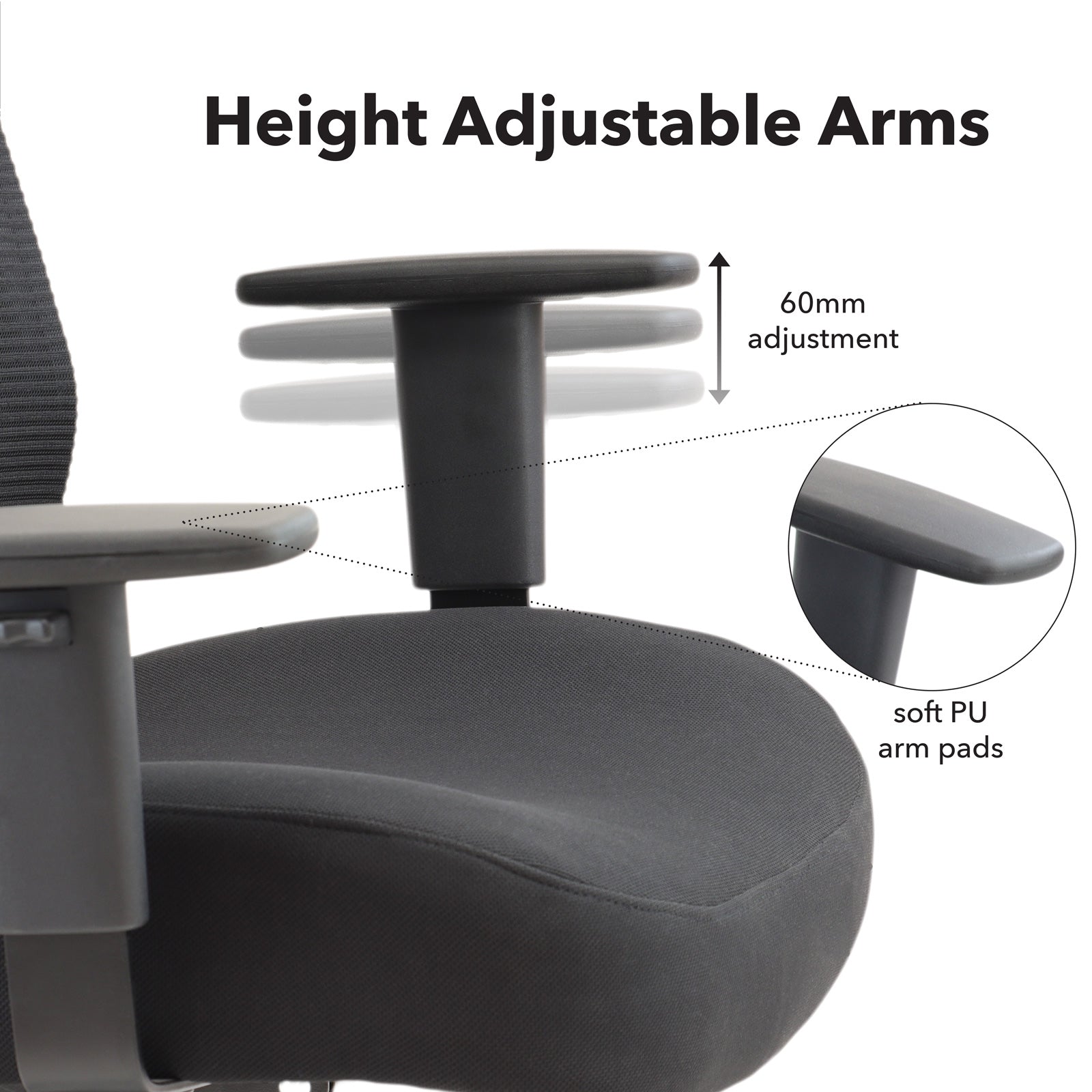 Ergonomic chair with height-adjustable arms and soft PU arm pads on a white background