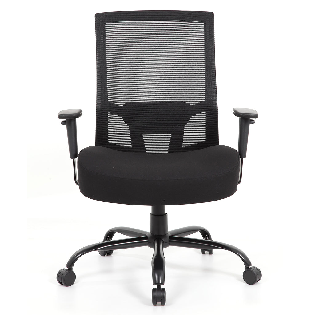 Black office chair with mesh back on a white background