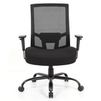 Black office chair with mesh back on a white background