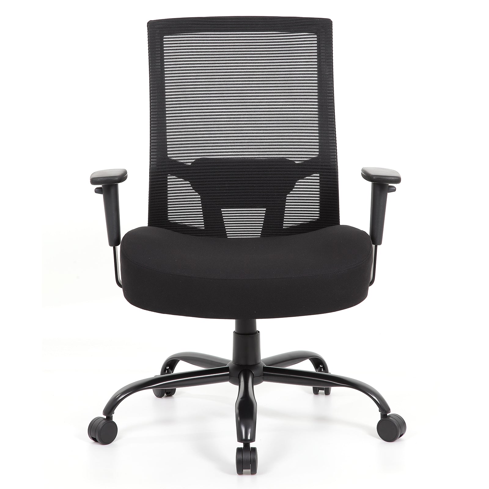 Black office chair with mesh back on a white background