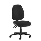 A black fabric office task chair with a high back, padded seat, and five-star wheeled base, shown against a plain white background.