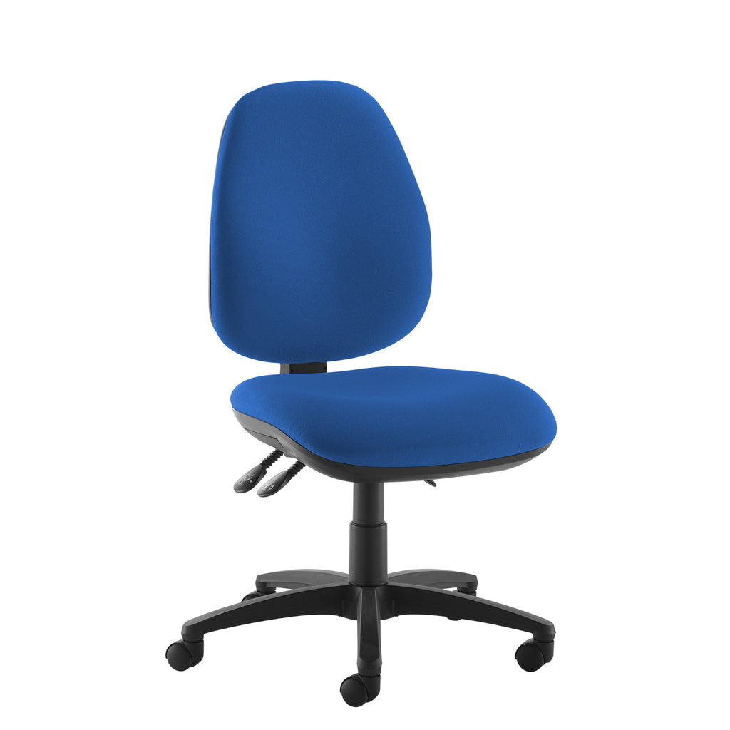 A blue upholstered office chair with a black five-star base and castors, shown against a plain white background.