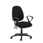 A black fabric office chair with a high back, curved armrests, and a five-star wheeled base, shown against a plain white background.