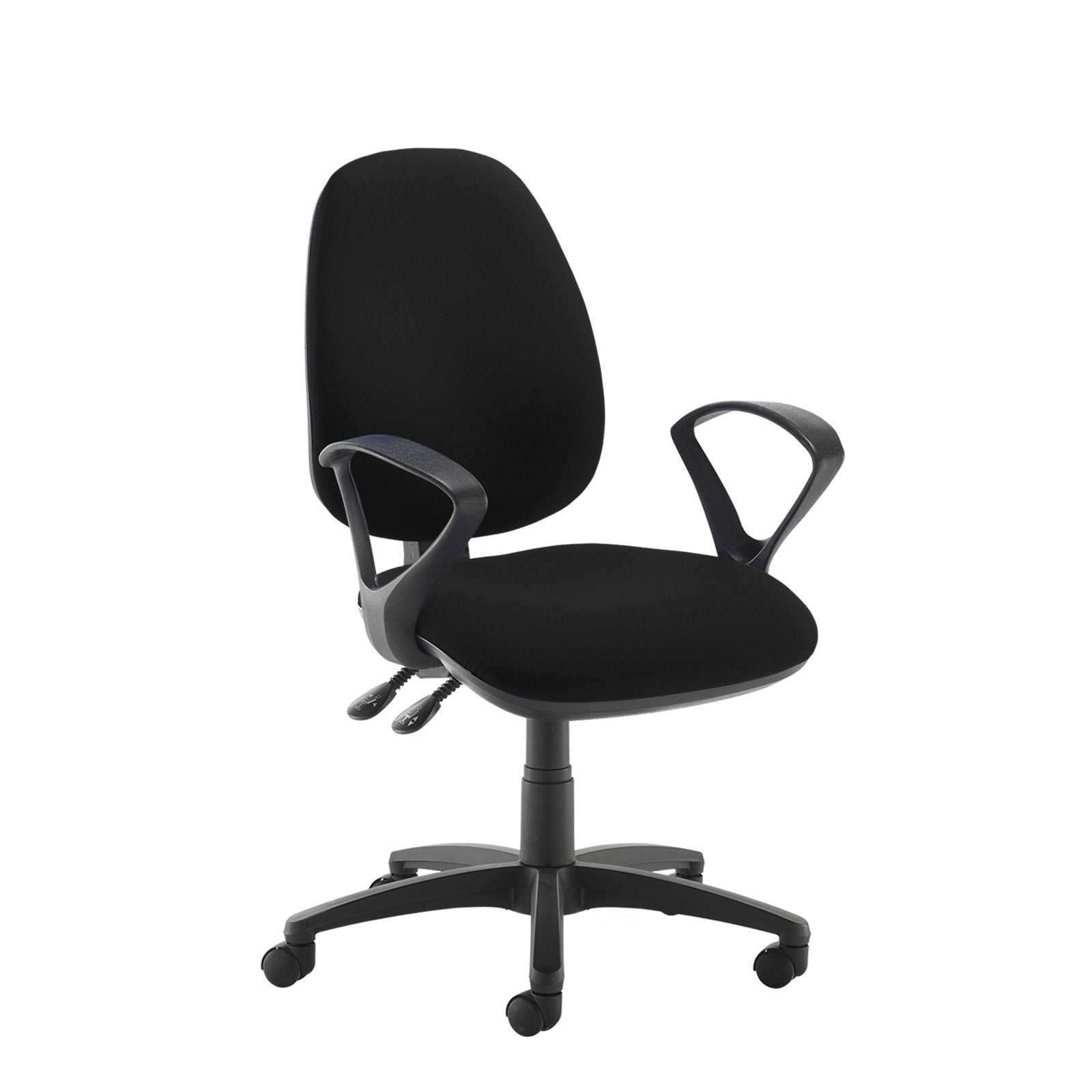A black fabric office chair with a high back, curved armrests, and a five-star wheeled base, shown against a plain white background.