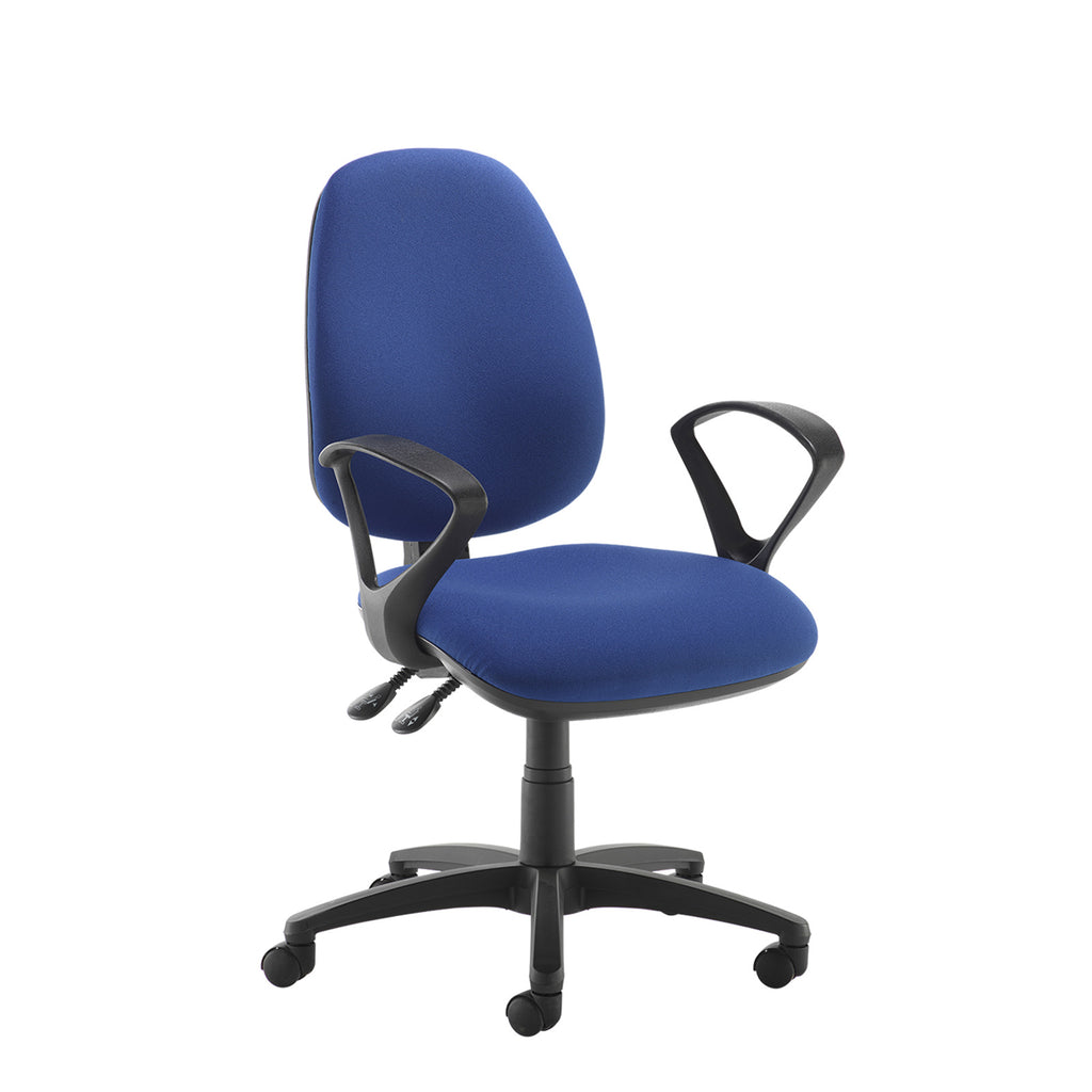 A blue fabric office task chair with black armrests and a black five-star wheeled base, shown against a plain white background.