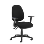 A black fabric office chair with adjustable armrests and a five-star wheeled base, shown against a plain white background.