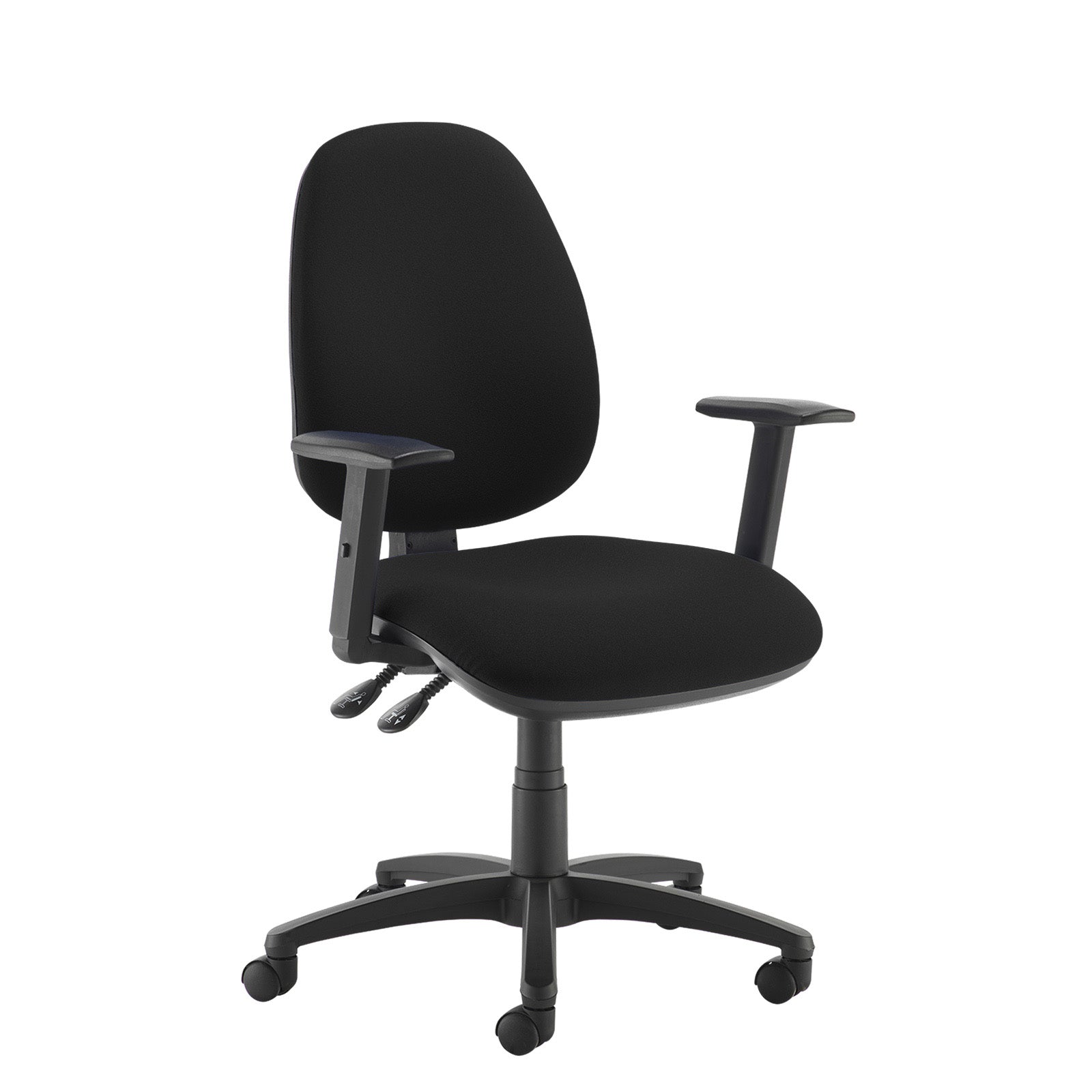 A black fabric office chair with adjustable armrests and a five-star wheeled base, shown against a plain white background.