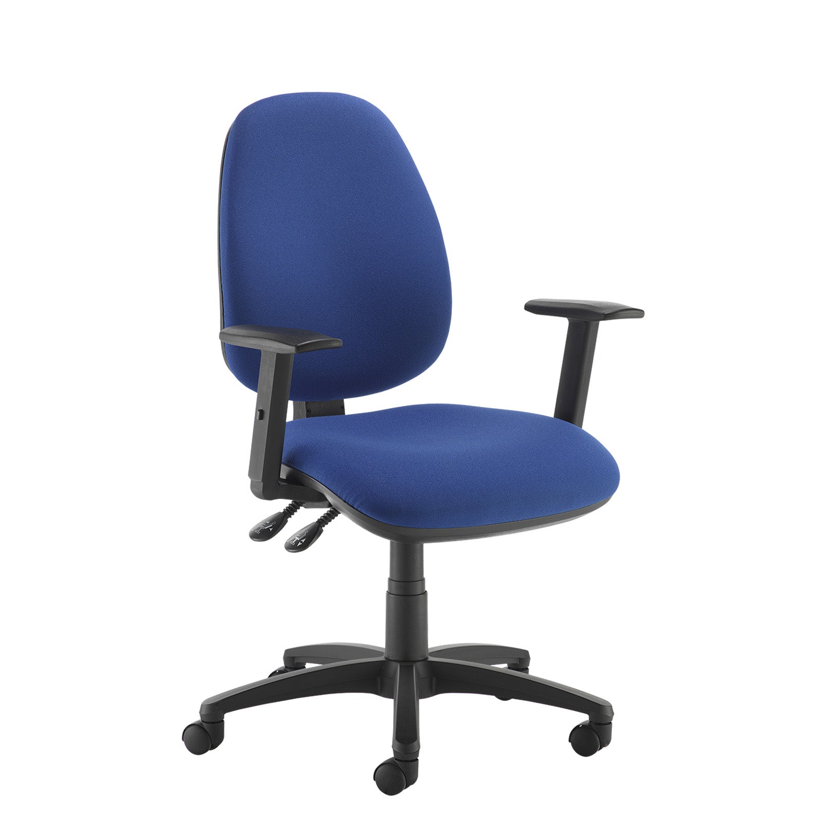A blue fabric office chair with a black five-star wheeled base and adjustable armrests, shown against a plain white background.