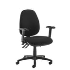 A black fabric office chair with adjustable armrests and a five-star wheeled base, shown against a plain white background.