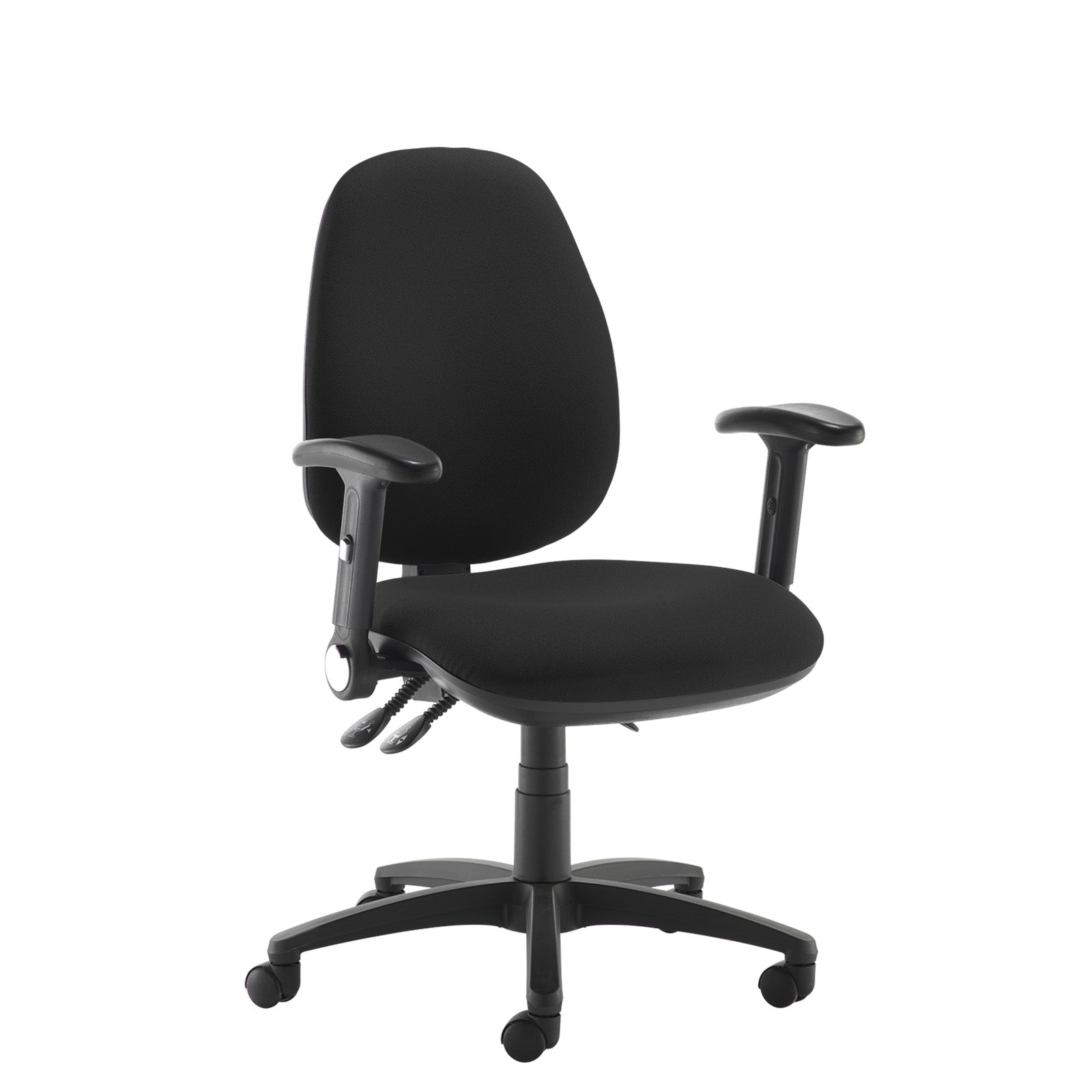 A black fabric office chair with adjustable armrests and a five-star wheeled base, shown against a plain white background.