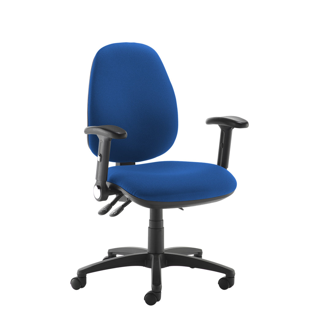 A blue fabric office chair with a black five-star wheeled base and adjustable armrests, shown against a plain white background.