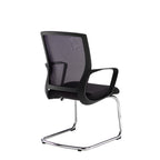Black office chair with mesh back and chrome legs on a white background