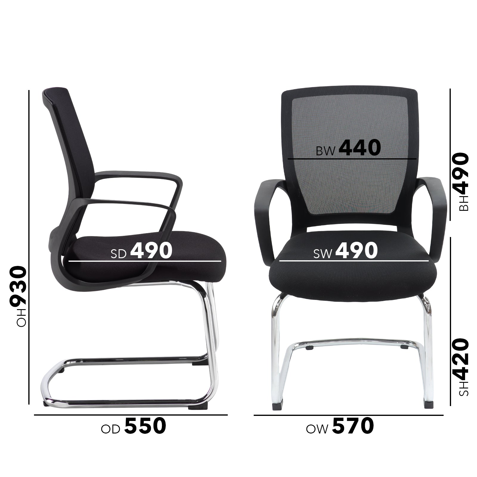 Black office chair with dimensions labeled on a white background