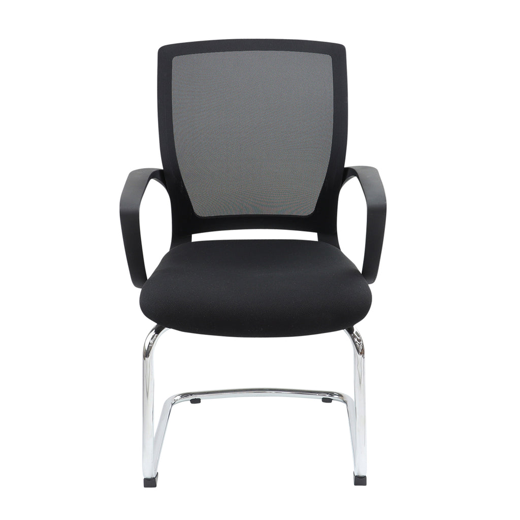 Black office chair with mesh back and chrome legs on a white background