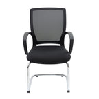 Black office chair with mesh back and chrome legs on a white background