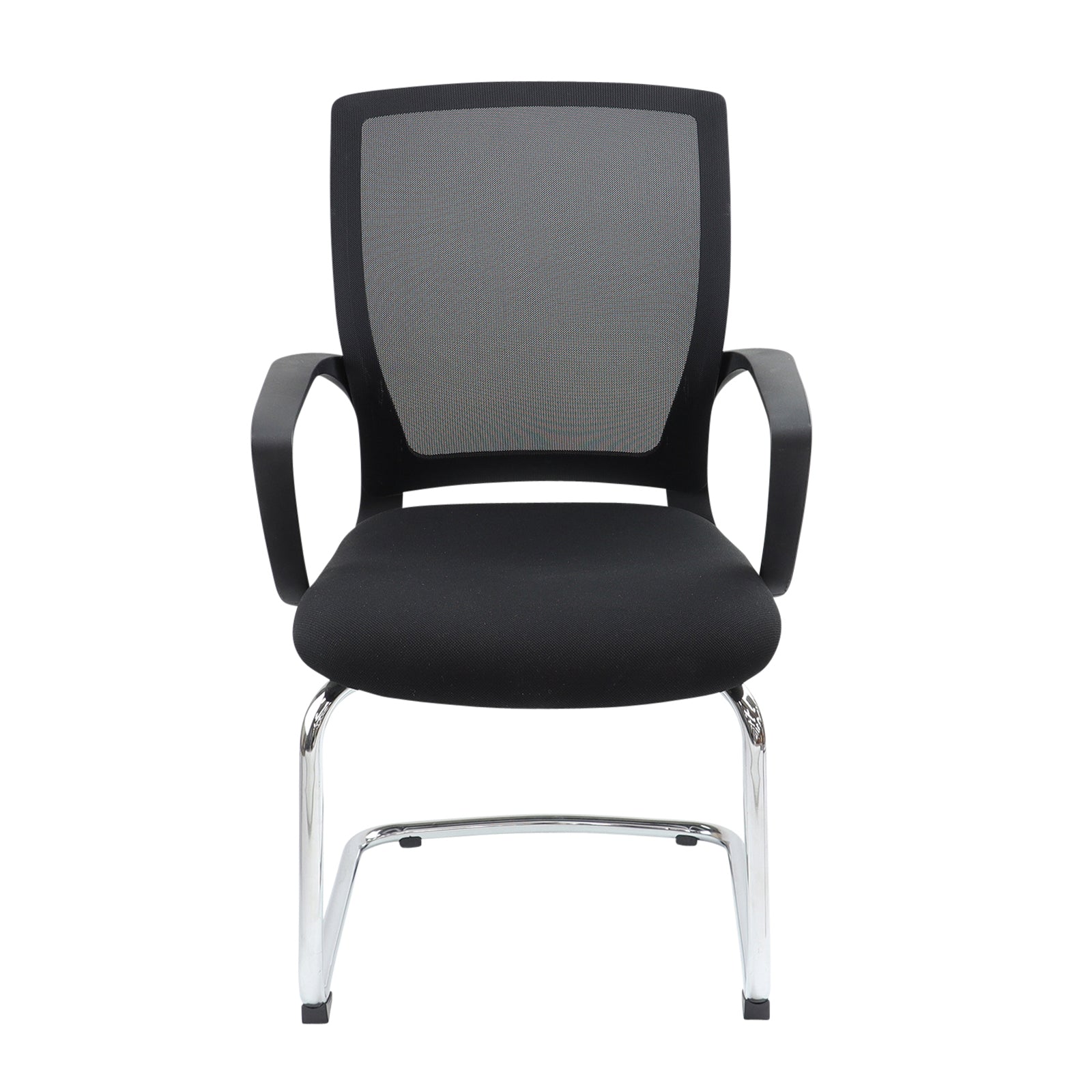 Black office chair with mesh back and chrome legs on a white background