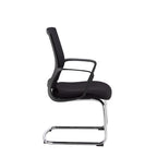 Black office chair with mesh back and chrome legs on a white background