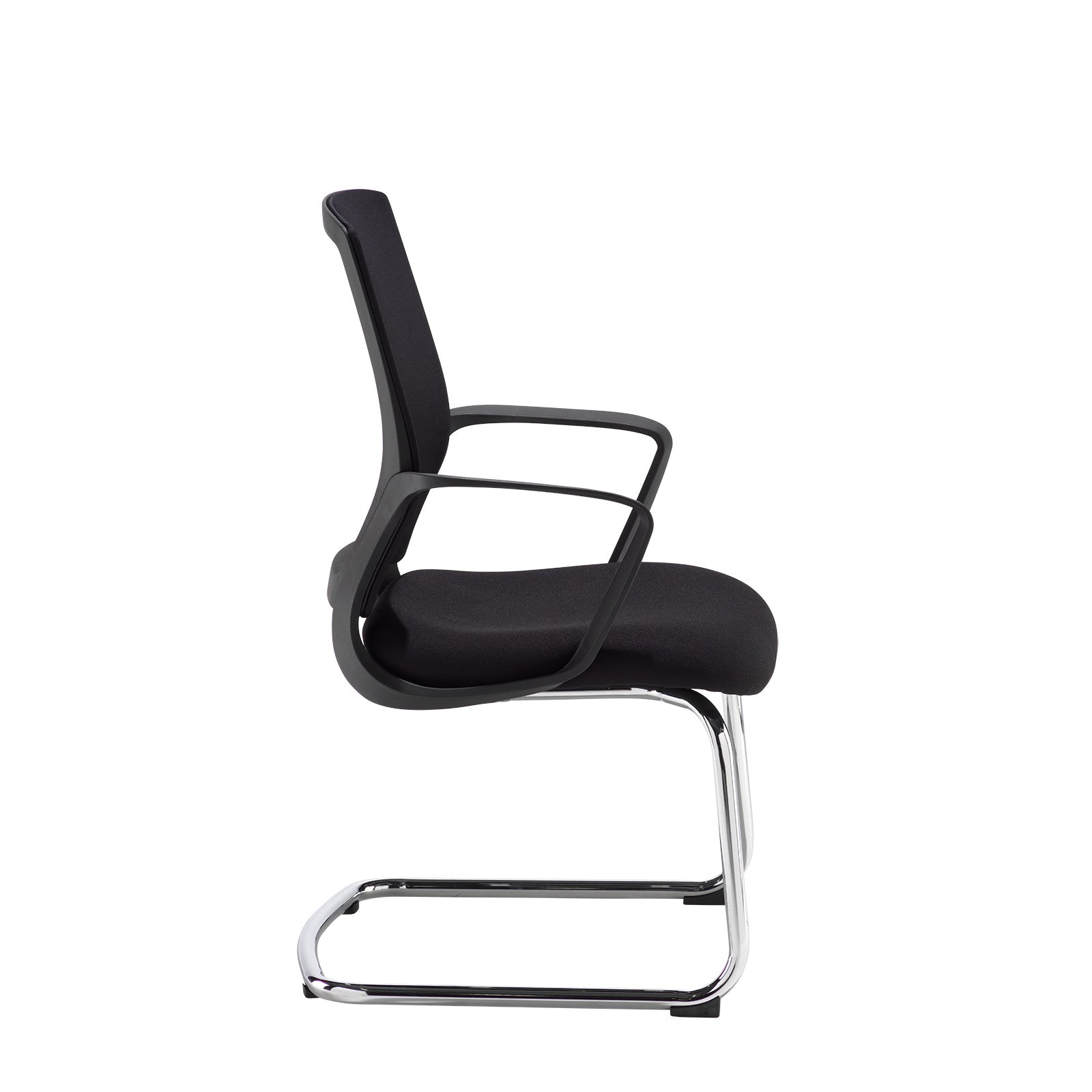 Black office chair with mesh back and chrome legs on a white background
