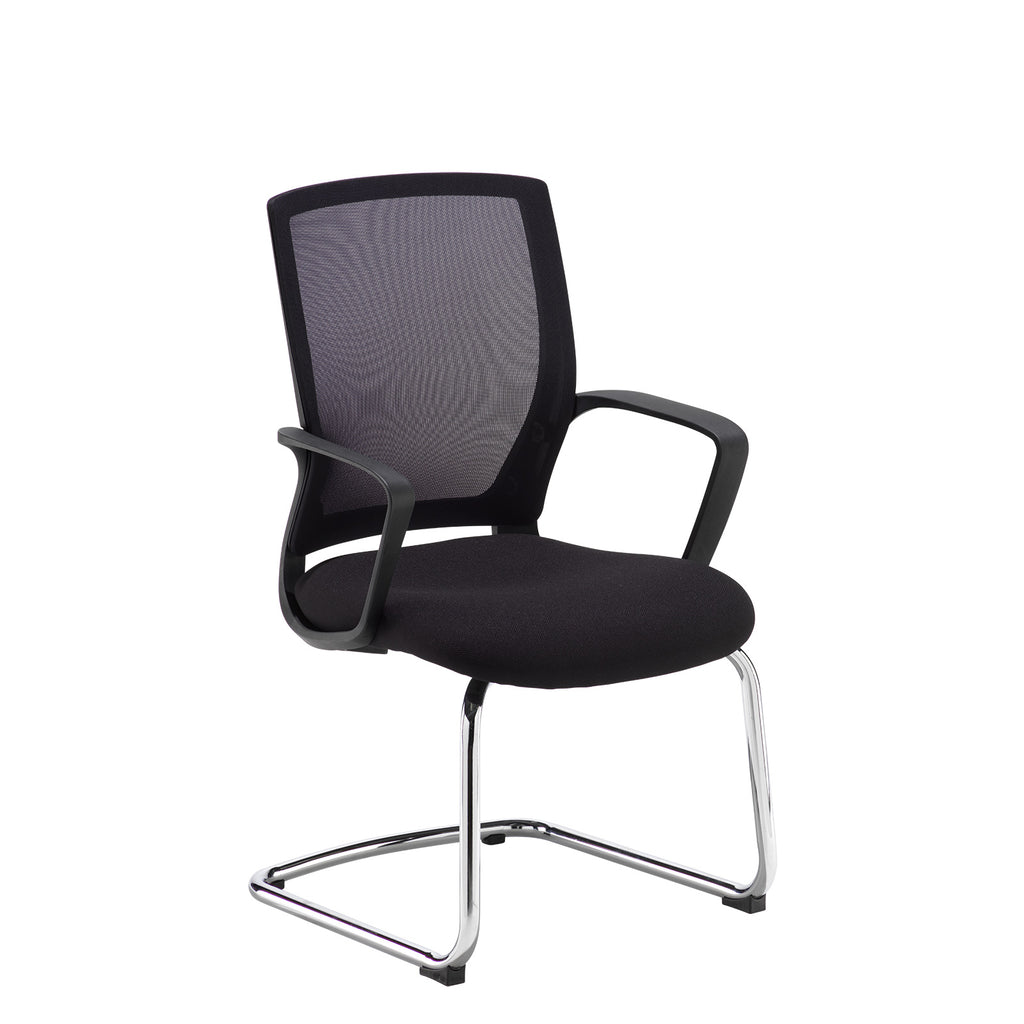 Black office chair with mesh back and chrome legs on a white background
