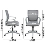 Gray office chair with dimensions labeled on a white background