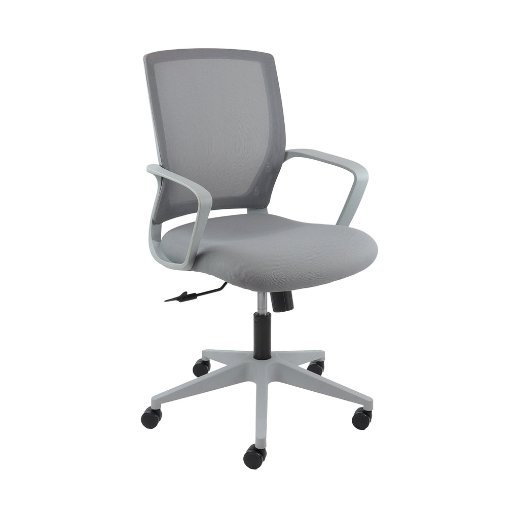 Grey office chair with mesh backrest on a white background