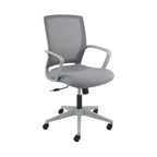 Grey office chair with mesh backrest on a white background
