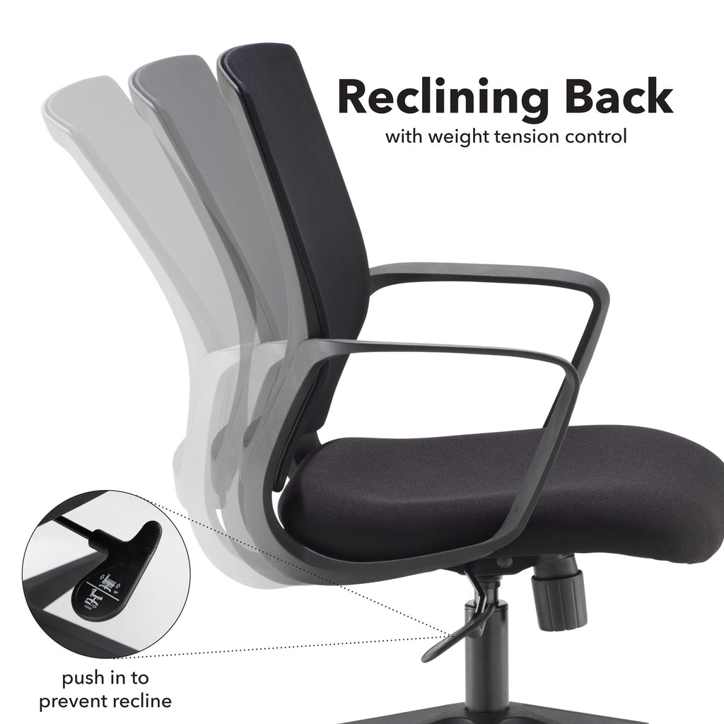 Office chair with reclining back feature and weight tension control on a white background