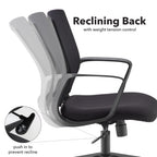 Office chair with reclining back feature and weight tension control on a white background