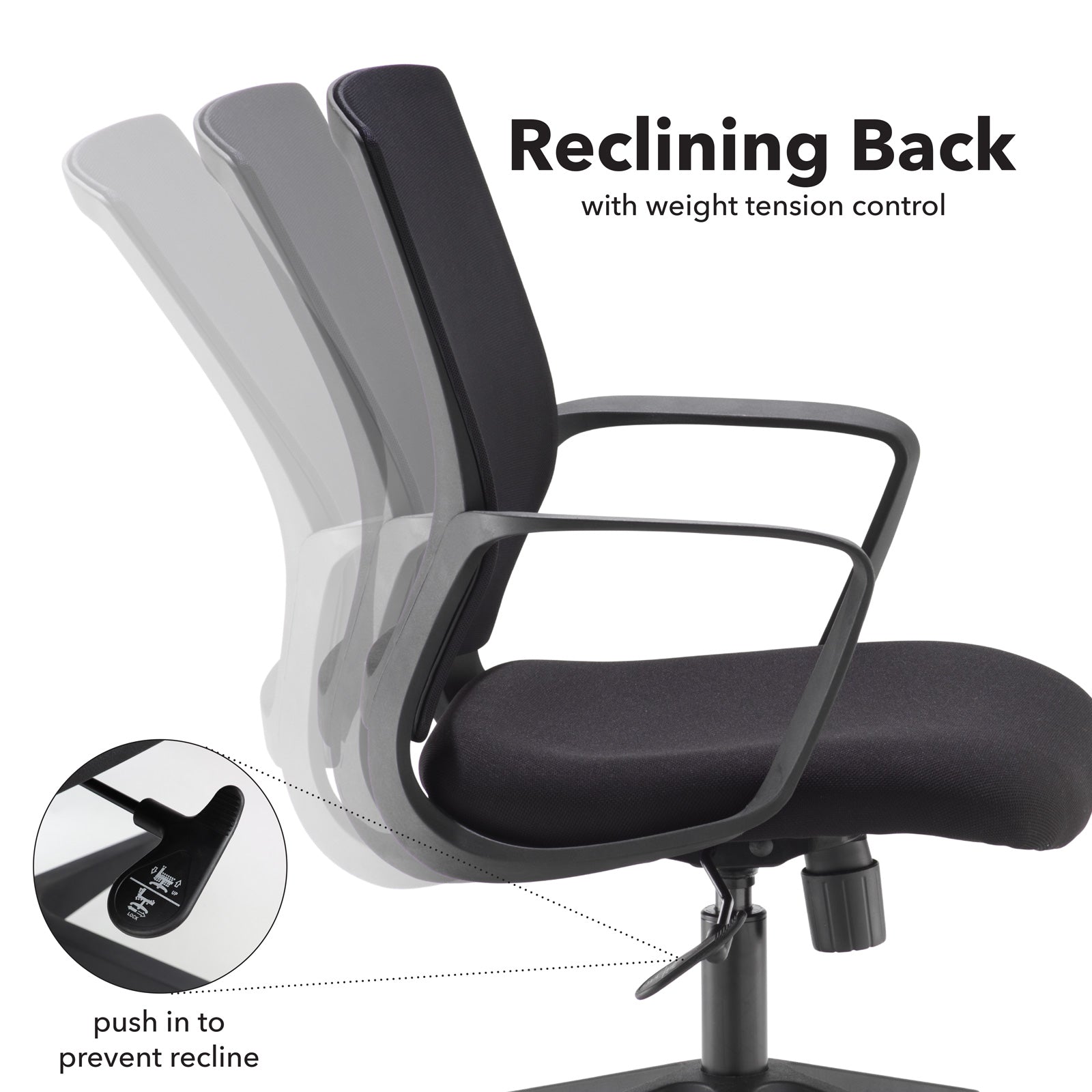 Office chair with reclining back feature and weight tension control on a white background