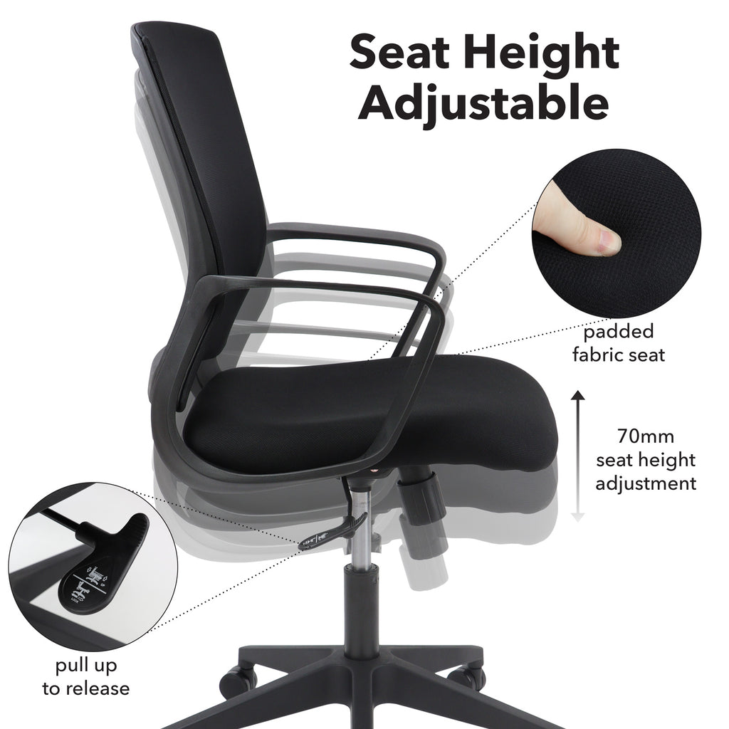 Black office chair with adjustable seat height feature highlighted