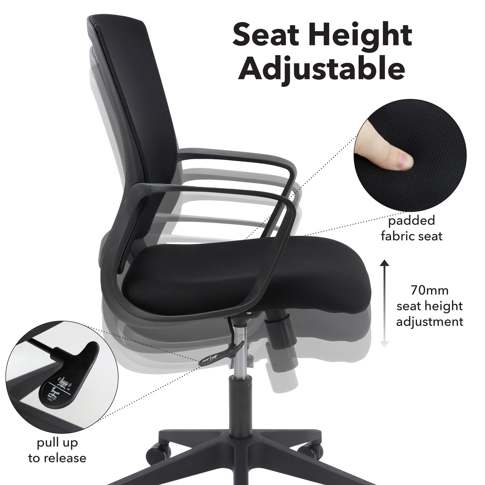 Black office chair with adjustable seat height feature highlighted