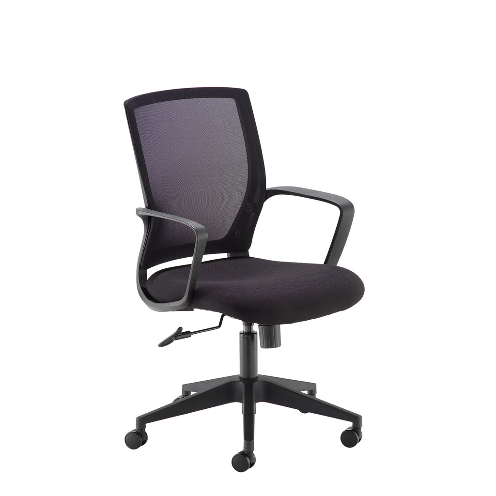 Black office chair with mesh back on a white background