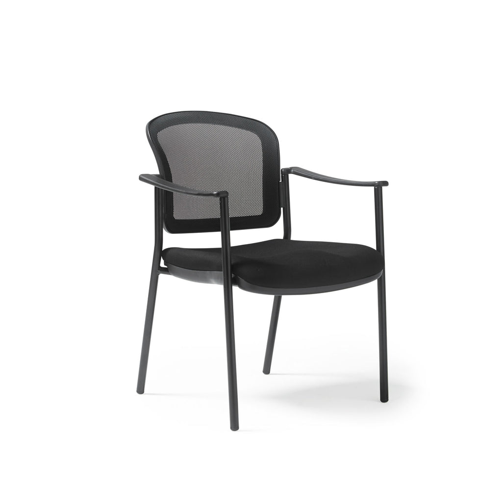 Black meeting room chair with mesh back on a white background