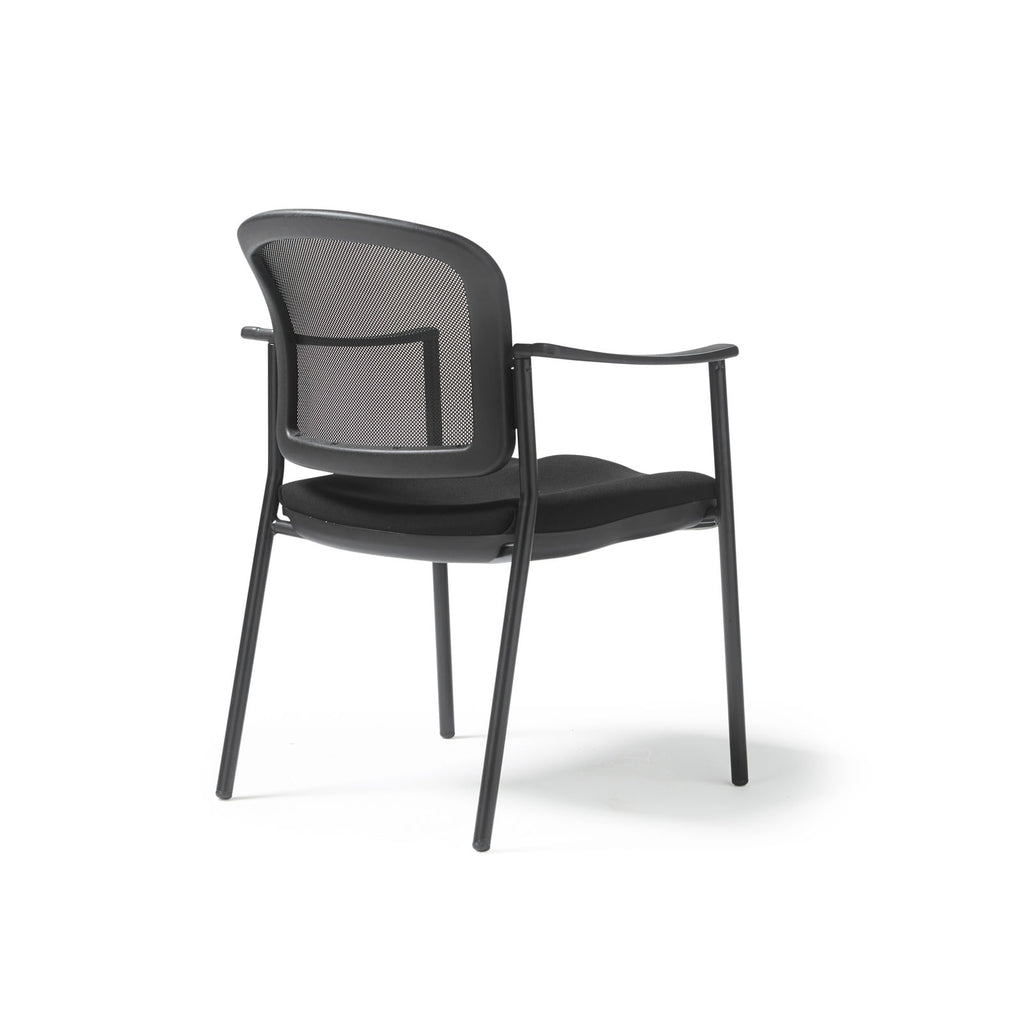 Black meeting room chair with mesh back on a white background