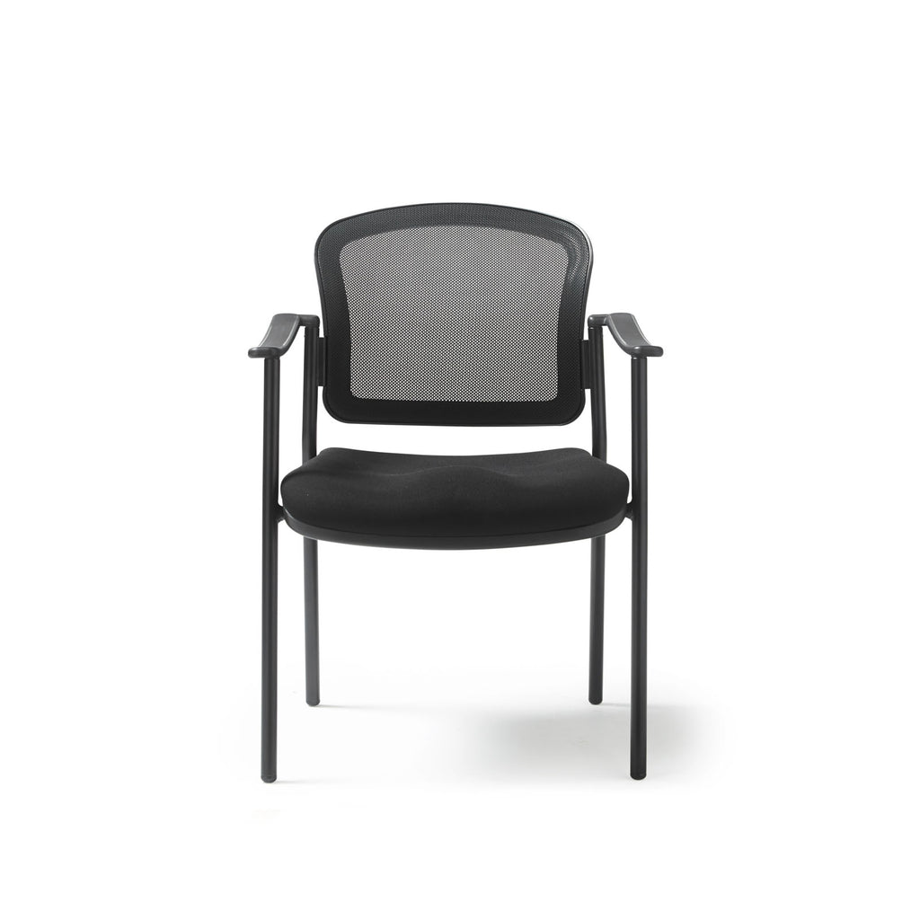 Black meeting room chair with mesh back on a white background