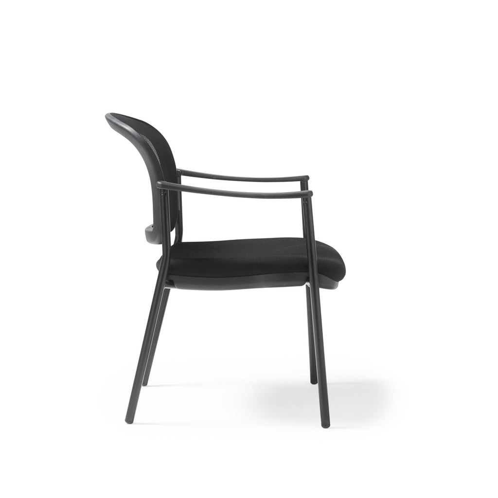 Black meeting room chair with mesh back on a white background