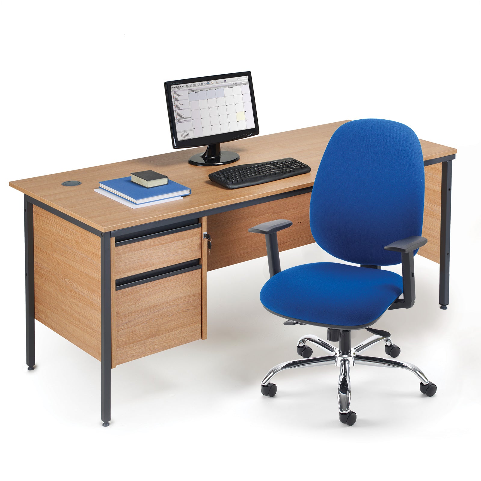 Wooden office desk with blue chair and computer setup on a white background