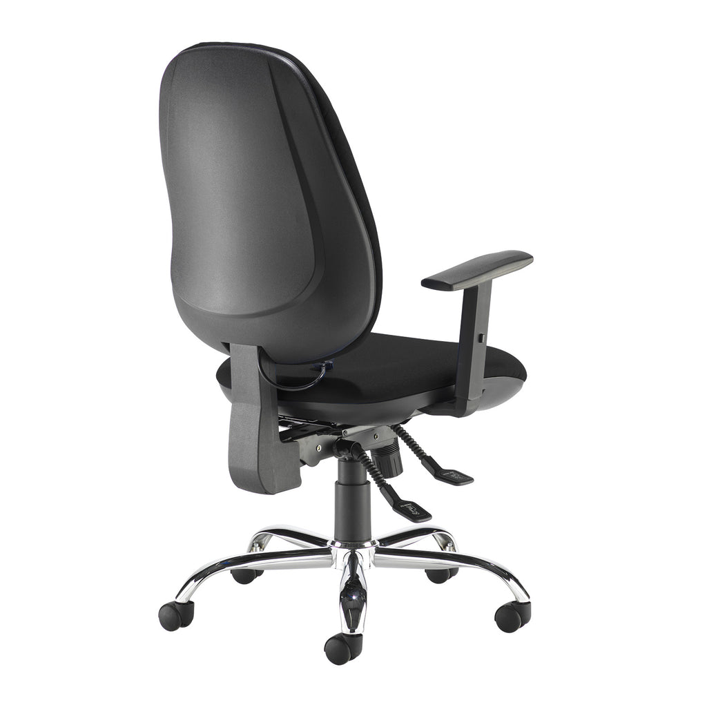 Black office chair with adjustable arms on a white background
